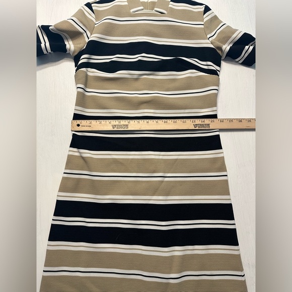 Vintage Mod Style Knit Dress Striped Beige Black White Mock Neck Short SleeveM/L - Picture 5 of 7